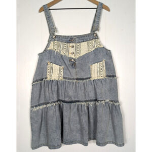 POL Women’s Denim Tiered Mini Dress L Blue Crochet Boho Ruffle Overall Style